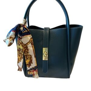 Elegant Navy Blue Handbag with Scarf Accent